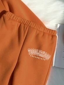 SHEIN Leap Crew 女婴休闲简约字母针织柔软宽松圆领套头衫套装，厚款，适合秋冬季 - 亮橙色 - 查看 4