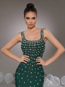 Modphy Neues elegantes ärmeloses olivgrünes Abendkleid mit quadratischem Ausschnitt, Strass-Verzierung und schmaler Passform für Hochzeit und festliche Anlässe