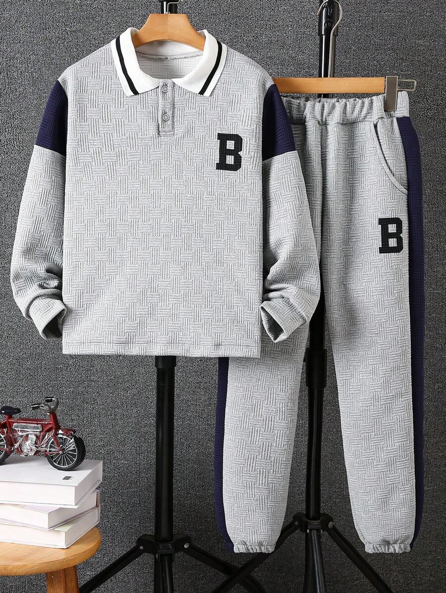 2 件 Tween 男童撞色拼布 Polo 衫和长裤两件套，秋冬