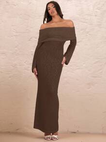 SHEIN BAE Váy suông hở vai tay dài gợi cảm, kỳ nghỉ lãng mạn, tiệc cưới - Cà phê nâu - Xem 2