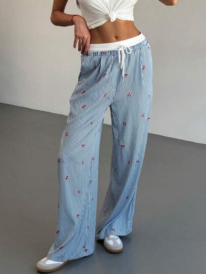 Aloruh 全新条纹樱桃印花撞色抽绳腰直筒裤