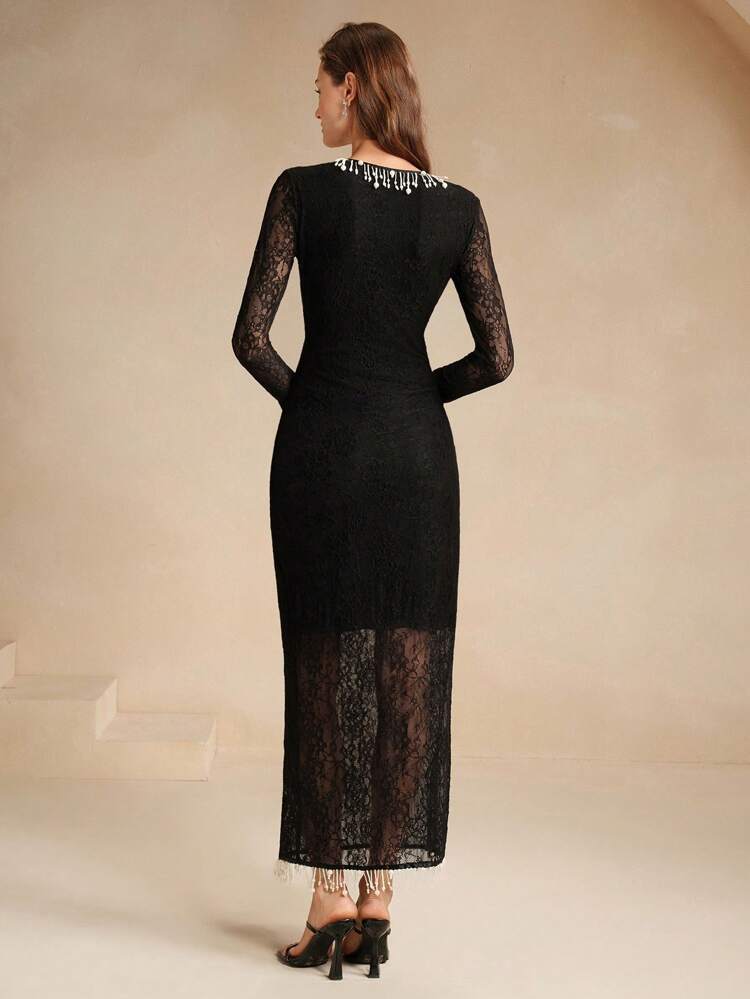 European & American Style Sexy Deep V-Neck Hollow-Out Lace Patchwork Bodycon Midi Dress