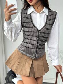 SHEIN Unity Striped Pattern Button Front Sweater Vest Without Blouse - Camel - View 6