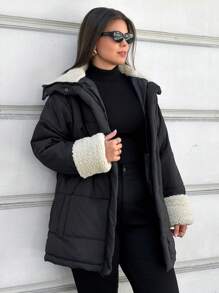 RueChic Women's Plus Padded Jacket With Fur Collar - Black - View 1