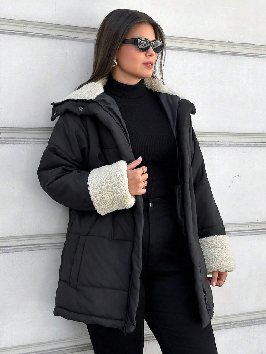 RueChic Women's Plus Padded Jacket With Fur Collar - Black - View 1