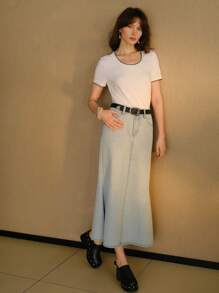 MOTF STUDIO PPRE 女士口袋飘逸下摆休闲牛仔半身裙 - 淺藍色 - 查看 8