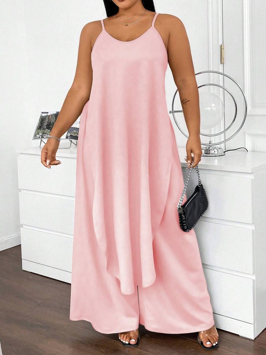 Flirla Plus Size Solid Color Spaghetti Strap Minimalist Top And Pants 2-Piece Set - Pink - View 1
