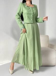 Modelyn 2 件女式方领长袖上衣和裙子套装 - 綠色 - 查看 4