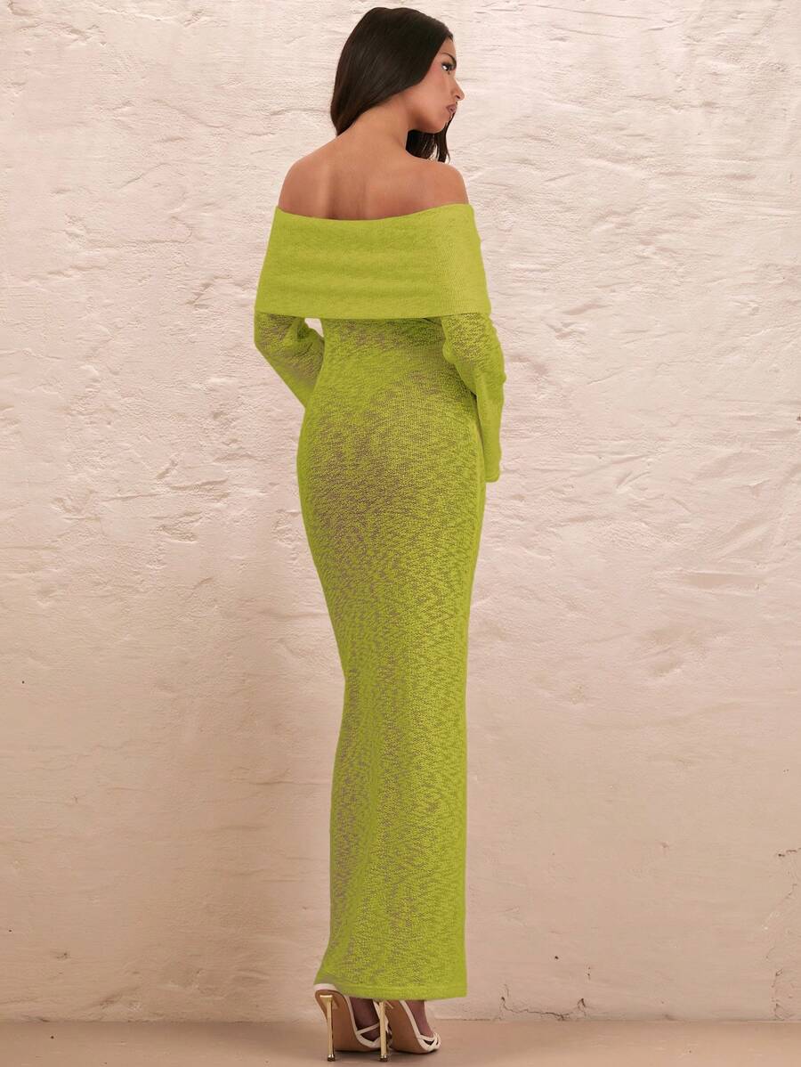 SHEIN BAE 女士优雅白色透视露肩长袖连衣裙，浪漫度假婚纱 - 橄欖綠 - 查看 1