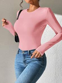 SHEIN PETITE Solid Slim Fit Spring Women Bodysuit - Pink - View 6