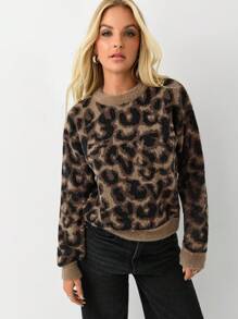 TRNVIE Women's Casual Leopard Pattern Crew Neck Sweater, Autumn/Winter,Long Sleeve Tops Knit Pullover Fall Outfit - Multicolor - View 6