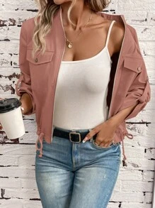 SHEIN LUNE Spring & Autumn Casual Solid Stand Collar Drawstring Hem Rolled Sleeve Short Jacket - Coral Pink - View 6