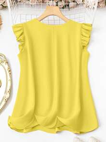 SHEIN LUNE 大码圆领荷叶边设计拼色度假衬衫 - 黃色 - 查看 2