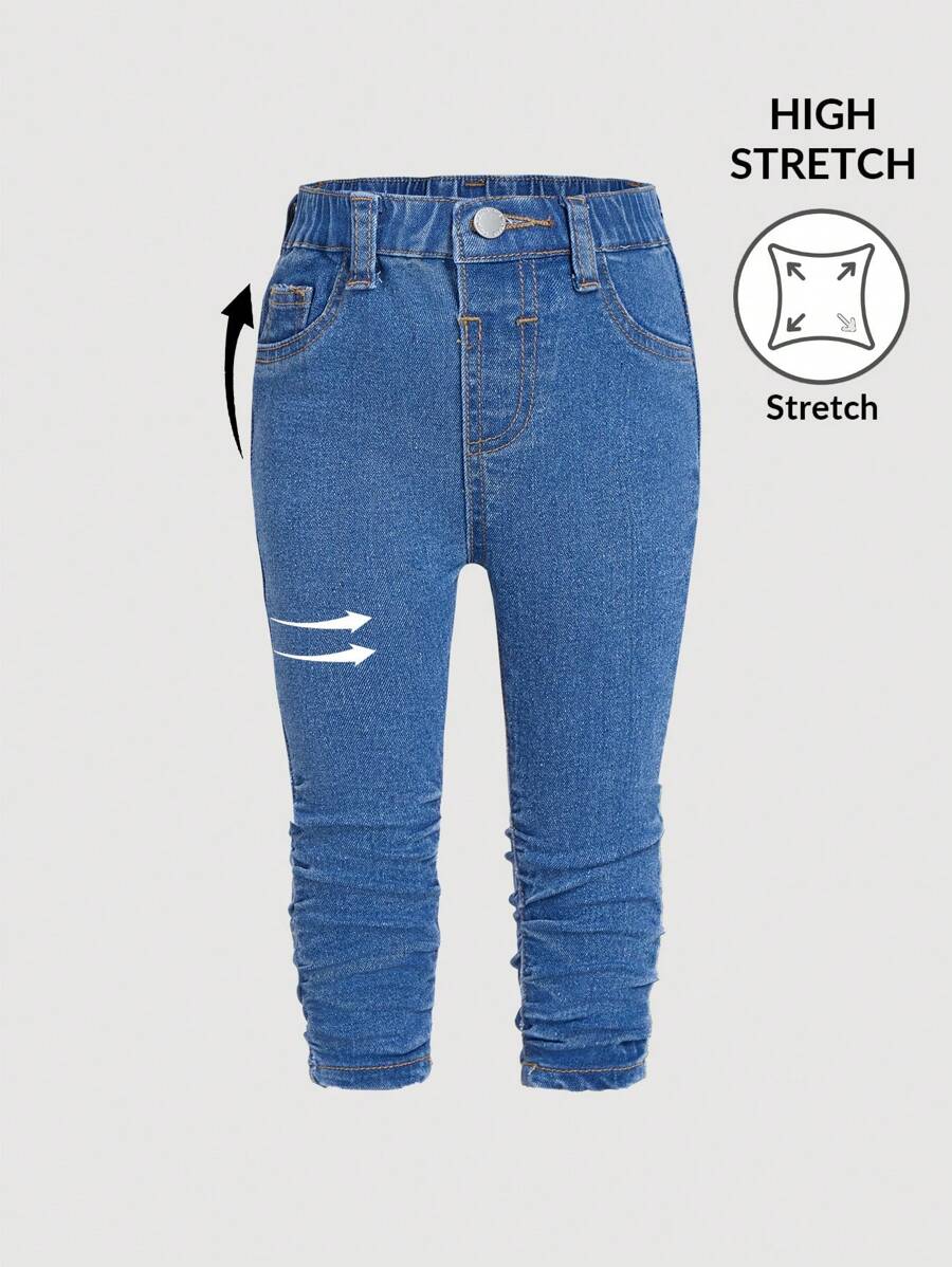 SHEIN 女婴蓝色牛仔可爱长裤，侧边褶皱，女婴秋装 - 中等水洗藍 - 查看 1