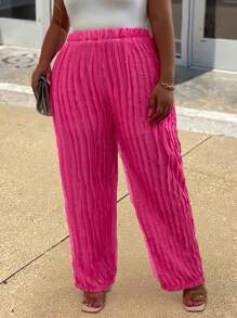 Maweii Pantalones de punto de cintura elástica de unicolor con flecos para tallas grandes - Rosa Fucsia - Ver 2