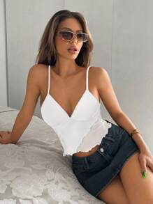 SHEIN ICON Women Solid Color Spaghetti Strap Mesh Sheer Back Camisole Top - White - View 5