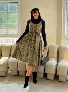 Flirla Vestido Plus Size de Veludo Cotelê Pinafore, Floral Verde Oliva - Multicolorido - Ver 2