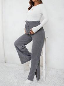 SHEIN Maternity Adjustable Drawstring Wide Leg Pants - Grey - View 4