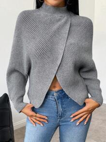 Chiquease 立领不对称下摆长袖套头毛衣，秋冬针织套头衫 - 灰色 - 查看 4