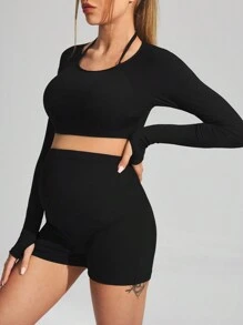 SHEIN 孕妇纯色镂空简约上衣和短裤休闲运动装，适合孕妇 - 黑色 - 查看 3