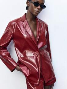 Maija Women's Burgundy Faux Leather Single Breasted Long Sleeve Jacket, Autumn/Winter - Burgundy - View 5