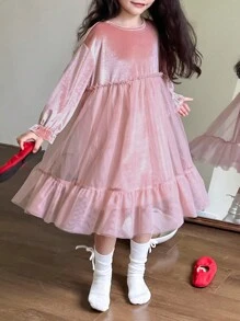 DAZY Young Girl Casual Simple Solid Color Long Sleeve Dress, Daily Wear - Pink - View 2