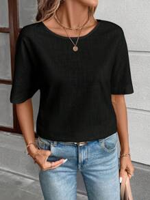 SHEIN LUNE 女士休闲简约亚麻混纺白色中袖衬衫，秋季