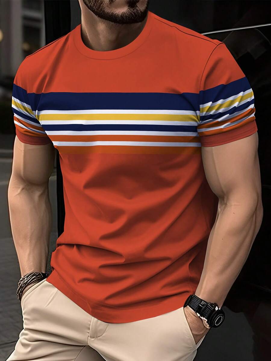 Manfinity Homme Men's Round Neck Colorblock Striped Print Short Sleeve T-Shirt - Multicolor - View 1