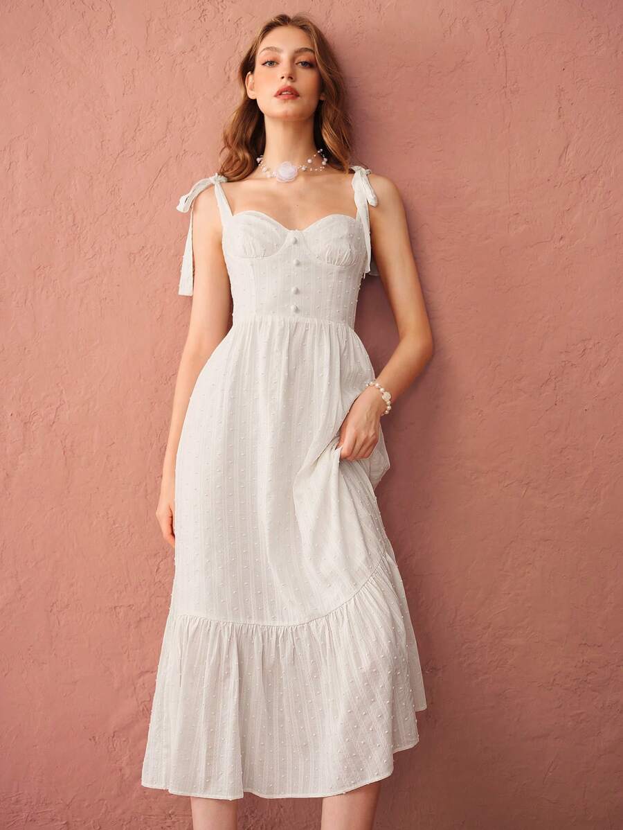 Enchnt Women Solid Color Simple Casual Spaghetti Strap Dress - White - View 1