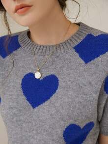 Knit Mix 法式针织通勤女式上衣，心形图案圆领短袖宽松休闲夏季毛衣，情人节礼物，返校季秋季女装 - 灰色 - 查看 9