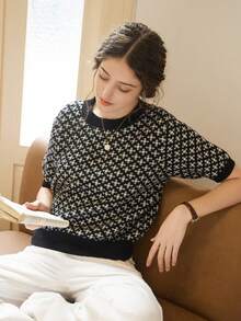 Knit Mix 优雅女士春夏时尚日常居家休闲通勤气质法式针织撞色图案短袖圆领罗纹边宽松套头T恤上衣，基础款返校复古春夏情侣装 - 黑色 - 查看 7