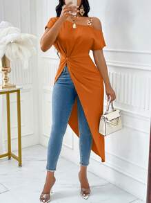 SOLERSUN Women's Solid Color Simple Twist Knot Shirt Peplum One Shoulder Top - Orange - View 3