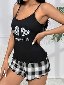 Gingham Heart Print Cami Top And Shorts Set - Multicolor - View 3
