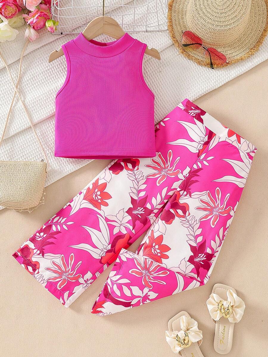 SHEIN 2pcs/Set Young Girls Summer Beach Vacation Outfits - Flutter Sleeve Top And Wide-Leg Elastic Waist Pants - Hot Pink - View 1