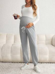 SHEIN Pantalones de maternidad de unicolor con cordón simple - Gris - Ver 3
