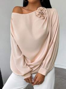 RosyDaze Women 3D Floral Decor Off Shoulder Long Sleeve Blouse Fall Cloth For Women - Baby Pink - View 3