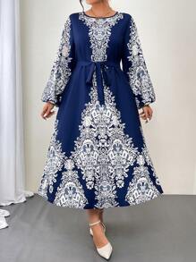 EMERY ROSE Đầm Maxi Tay Dài In Hoa Phong Cách Cổ Điển Cho Nữ Cỡ Lớn - Màu xanh hải quân - Xem 6