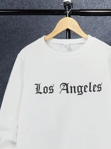 SHEIN Bộ 2 món/Bộ đồ liền quần dài cổ tròn in họa tiết thoải mái, rộng rãi cho bé trai tuổi teen, chất liệu nỉ dày dặn, phù hợp cho các dịp thu đông - Đen và trắng - Xem 3