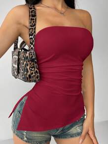 SHEIN PETITE Solid Ruched Split Side Tube Top