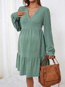 SHEIN Solid Color Knitted Long Sleeve Maternity Dress - Green - View 3