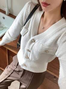 DAZY Women's Solid Color Long Sleeve Button Design Casual Business Cardigan, Autumn - Beige - View 4