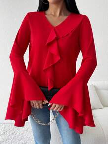 Chiquease Blusa con escote en V con volantes y mangas acampanadas para mujer