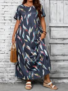 EMERY ROSE Váy in họa tiết cổ tròn tay ngắn cỡ lớn, đi nghỉ thường ngày - Xám - Xem 6