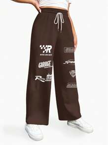 SHEIN EZwear Pantalón de chándal holgado de cintura alta y pierna recta con cordón, eslogan de deportes de carreras casual, talla grande, otoño e invierno