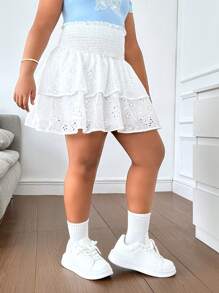 SHEIN Tween Girls Extended Size Loose Casual Double Layer Embroidered Fabric High Waist Skirt