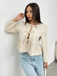 Flirla Blusa de manga larga con cuello redondo, dobladillo con volantes y lazo delantero, color liso