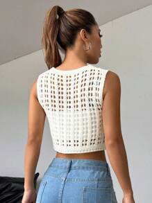 Lyxana Women's Solid Color Hollow-Out Casual Cardigan Sweater Top - White - View 2