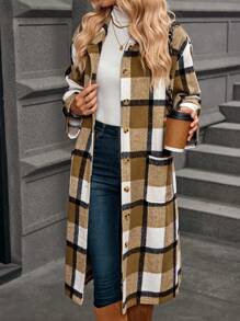 SHEIN LUNE 女士秋冬长款格子羊毛混纺大衣，翻领，大口袋，保暖