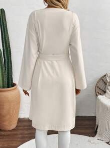 SHEIN LUNE Abrigo largo de manga larga regular de unicolor con cinturón para mujer - Albaricoque - Ver 2