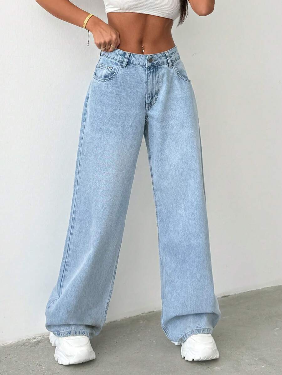 RueChic Women Rigid Belt Detailed Wide Leg Baggy Jeans - Medium Wash - View 1